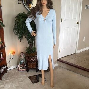 Abercrombie & Fitch Pale Blue Stretch Knit Midi Dress V-Neck O-Ring Long Sleeved